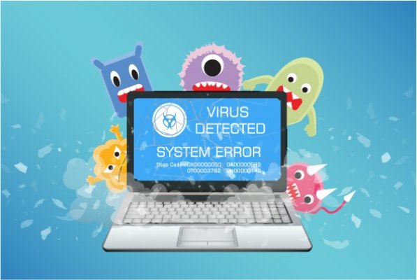 Advanced System Repair overview system optimizers open laptop with virus detected system error message on the display blue background animated viruses threats behind the laptop